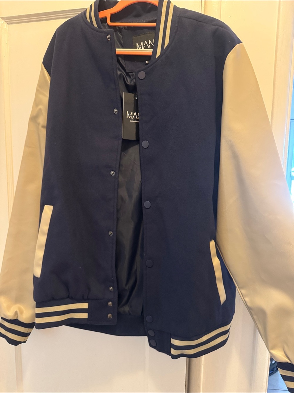 Boohoo Navy and Cream Varsity Bomber Jacket